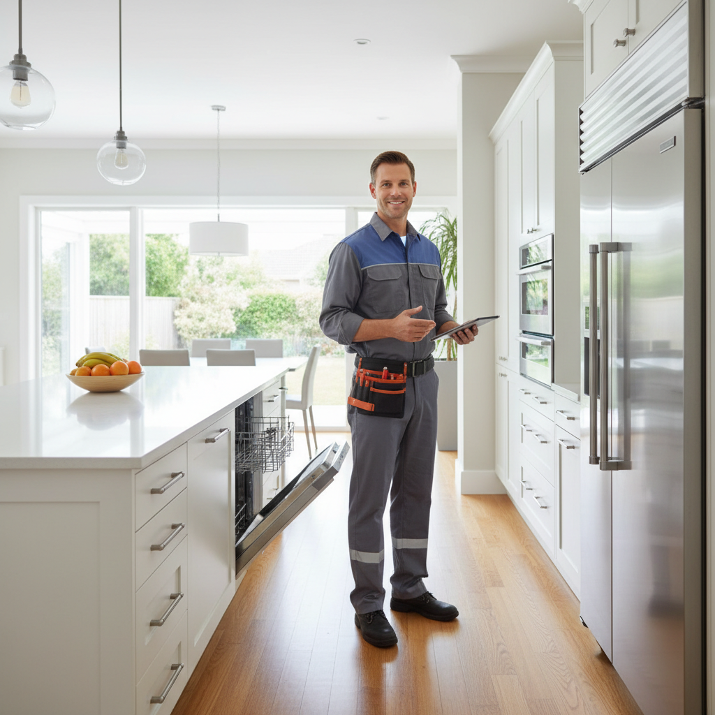 Professional appliance repair technician in a modern kitchen